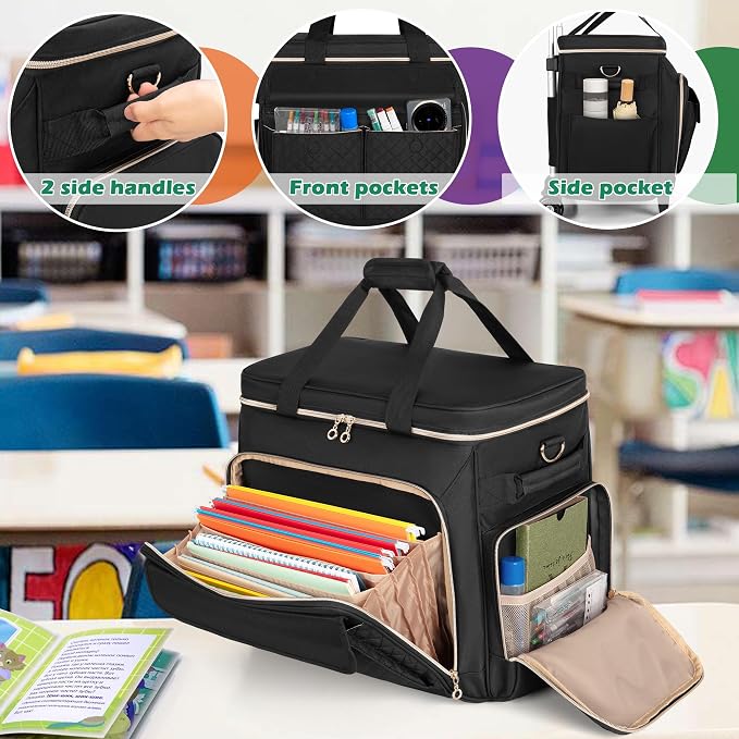LUXJA Rolling Teacher Bag with Wheels and 15.6" Laptop Compartment, Black | Rolling Briefcase for Women with Accordion File Area, Teacher Tote Bag for Work with Detachable Dolly and Shoulder Strap