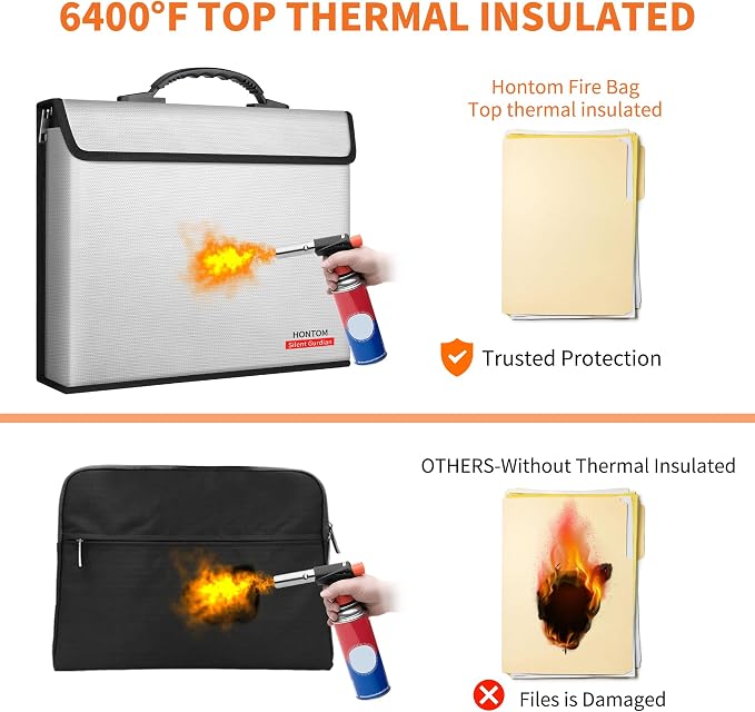Hontom 6400℉ Fireproof Document Bag with 2 Pockets | Upgraded Material Fireproof Money Bag with Lid, Travel Home Fire Safe Storage Cash Pouch for Important Documents, Silver