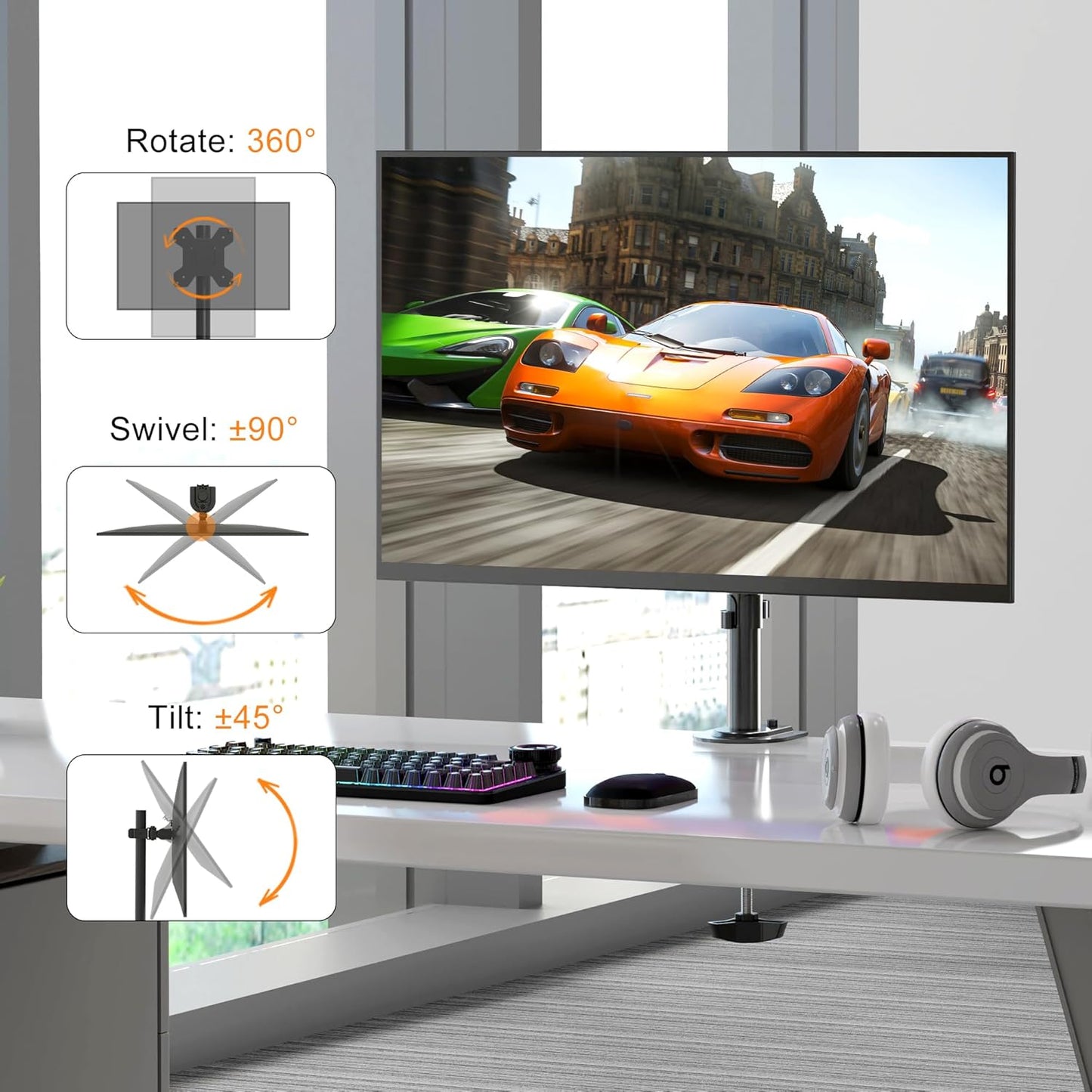 Pholiten Single Monitor Stand, Heavy Duty Adjustable Monitor Arm Desk Mount for 13-32Inch, Tilt, Swivel, Rotate, Support 22 lbs,Black