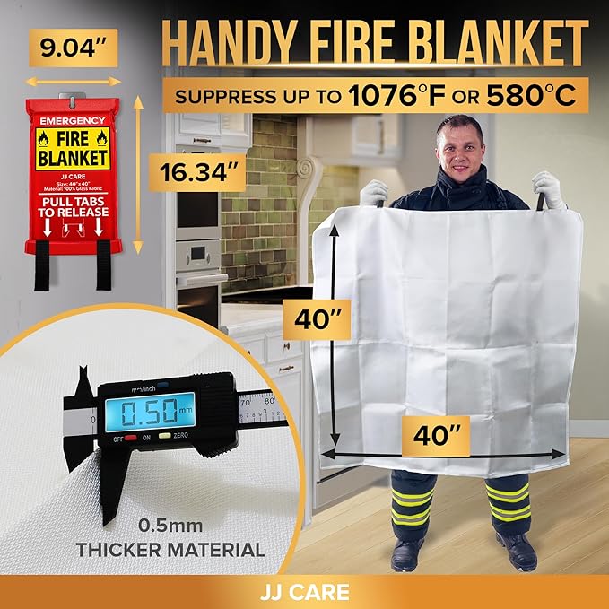 JJ CARE Fire Blanket – 10 Packs with Hooks and Gloves – Emergency Fire Blanket for Home & Kitchen, High Heat Resistant Fire Suppression Blankets for Home Safety, Kitchen, and Camping