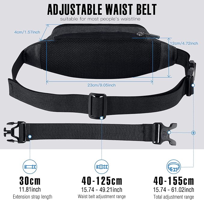 WATERFLY Small Fanny Pack Crossbody Lightweight Waist Bag for Woman Man | Adjustable extender strap, Slim compact, Water-resistant durable material, Breathable back pad, Multi-scene for travel, daily