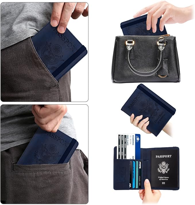 WALNEW Passport Holder for Travel, RFID Passport Wallet, Travel Essentials | PU Leather Passport Cover Case with Pen Holder, Travel Must Haves Accessories, Passport Book Holder for Women Men