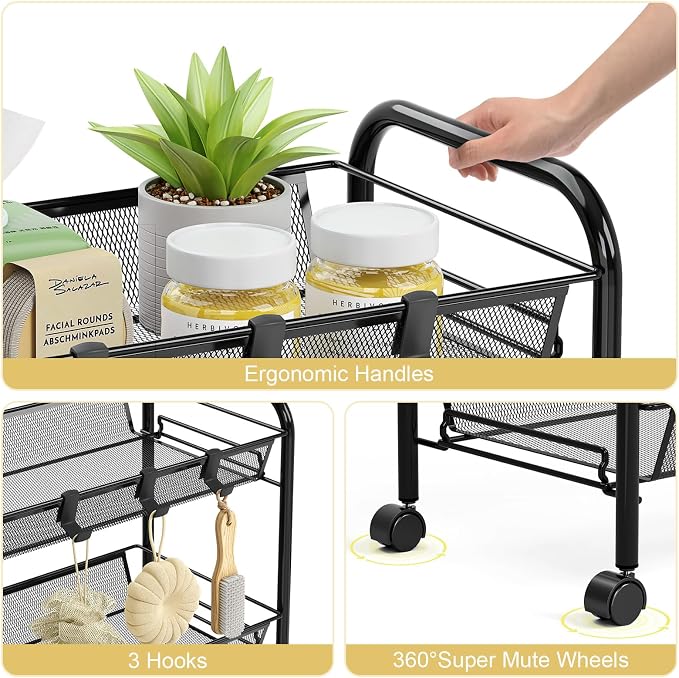 TOOLF 3 Tier Rolling Cart, Metal Utility Storage Cart with Wheels, Black | 3 Hooks, Screwless Assembly, Trolley Organizer for Bathroom, Kitchen, Office, Nursery, Dorm, Laundry Room