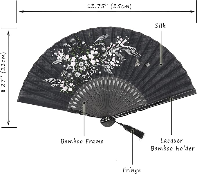 OMyTea Folding Hand Fan for Women - Foldable Japanese Chinese Oriental Vintage Retro Bamboo Silk Fan - for Church, Decoration, Hot Flash, Dance, Performance, Party, Gift (Black Grassflowers)