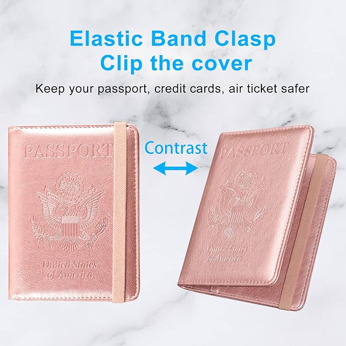 ACdream Passport and Vaccine Card Holder Combo, Cover Case with CDC Vaccination Card Slot, Leather Travel Documents Organizer Protector, with RFID Blocking, for Women and Men, AA-Rose Gold, Compact