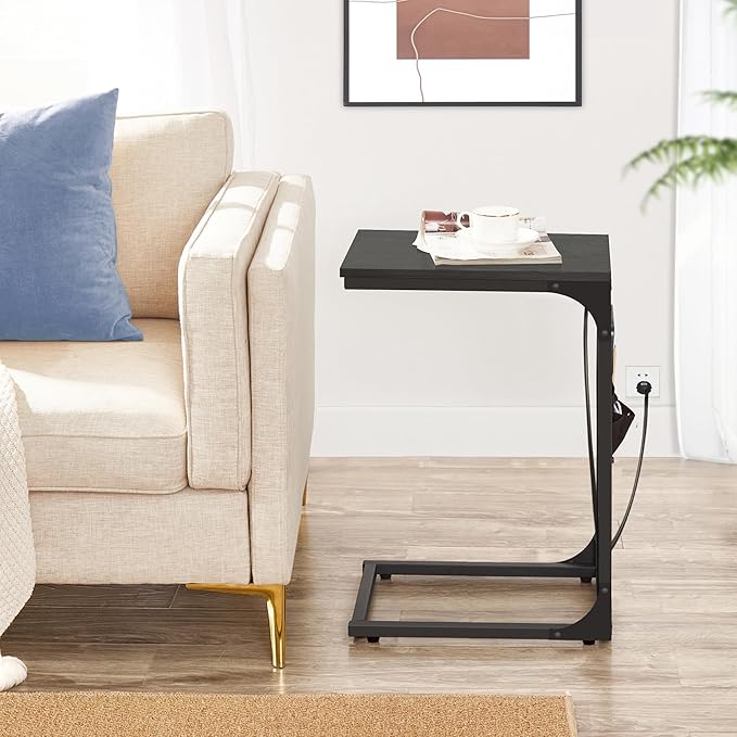 TUTOTAK C Shaped End Table with Charging Station, Side Table for Sofa | Couch Table with Storage Bag, TV Tray with 2 USB Ports and Outlets, Set of 2, Living Room and Bedroom, Black TB01BK0242