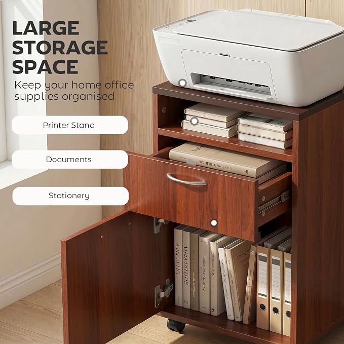 HOMCOM Mobile Storage Cabinet Organizer, Bathroom Drawer Cabinet, Brown | Printer Stand, Castors