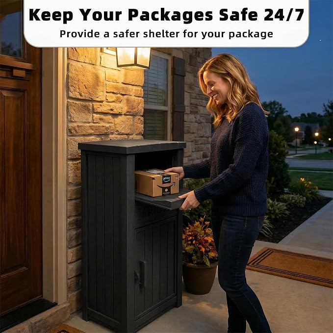 EFU Package Delivery Boxes for Outside, Lockable Anti-Theft Waterproof Delivery Boxes for Outside, Secure Parcel Drop Boxes for Porch & Curbside & House, Outdoor Package Box for Deliveries (Black)