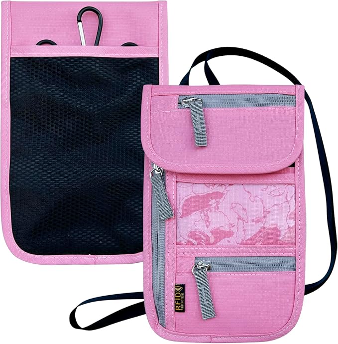 Travel Neck Wallet, RFID Blocking Passport Holder with Adjustable Neck Strap for Men and Women to Keep Cash, Credit Cards and Travel Documents Safe - Pink