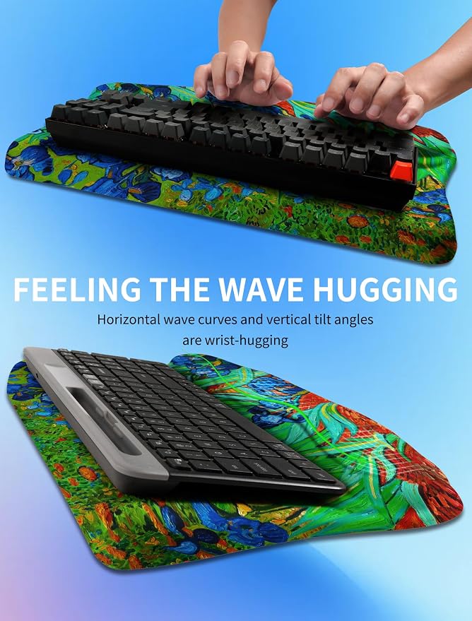 Ergonomic Wave Wrist Rest with Keyboard Stand, Cushioned Palm Rest, Comfortable Integrated Memory Foam for Natural Typing and Relieve Wrist Pain, Van Gogh Iris Flower