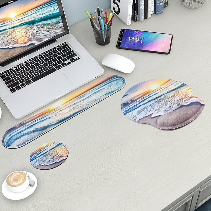 Mouse Pad and Keyboard Wrist Rest Support,Ergonomic Mouse Pad Set | Mousepad With Coaster and Non-Slip PU Base,Pain Relief for Desk Desktop Gaming, Computer,Office -Beach