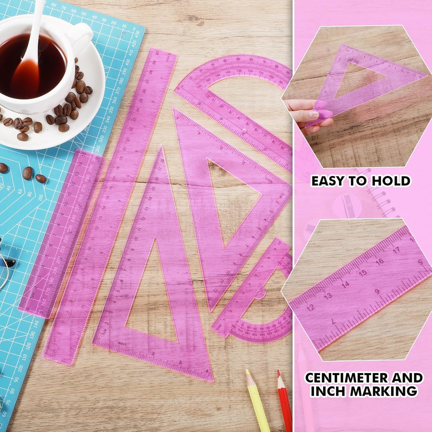 Tenare 6 Pcs Plastic Ruler Math Set Includes 12 Inch 6 Inch Straight Protractor Triangle Geometry Transparent Math Ruler Measuring Tools for School Office Home(Pink)