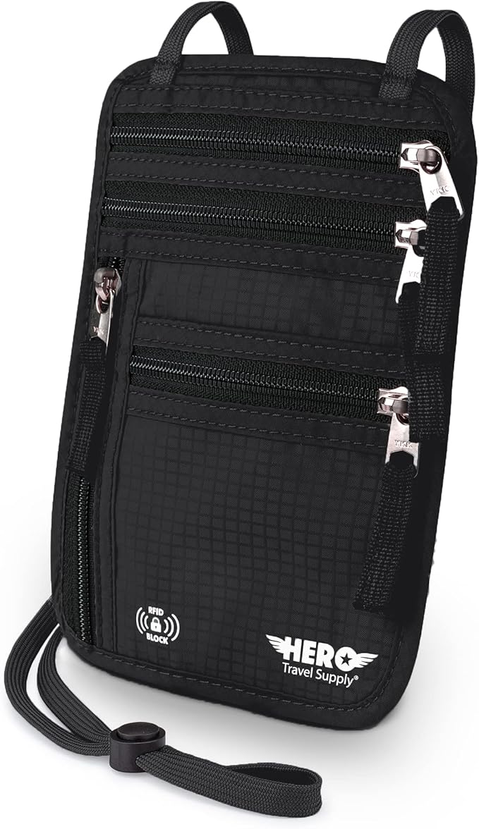 HERO Neck Wallet - RFID Blocking Passport Holder, Easy to Conceal Travel Pouch (Black)