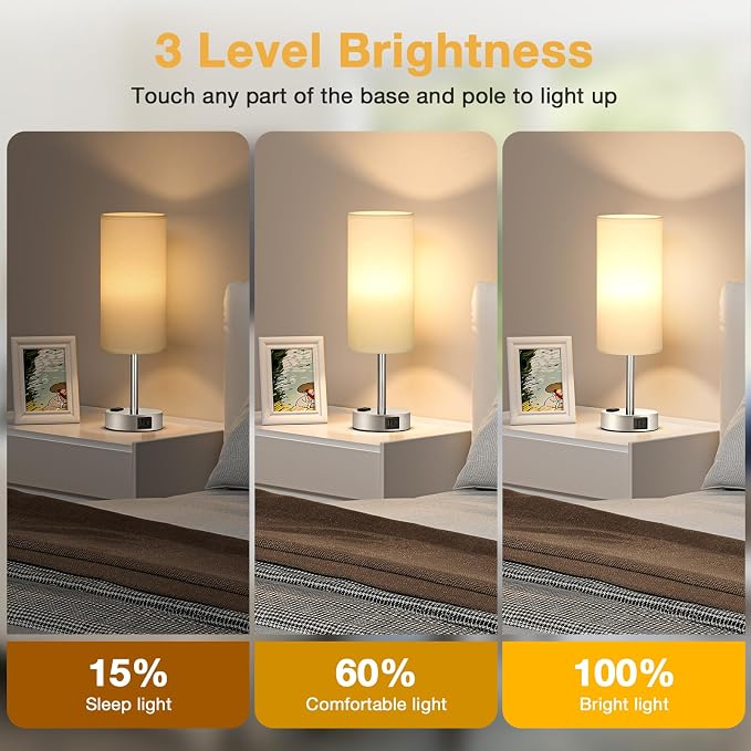 Touch Bedside Table Lamps Set of 2 - Bedroom Lamp with USB A+C, AC Outlet | 3-Way Dimmable, LED Bulb Included, White Fabric Lampshade, Sleek Silver Metal Base & Pole, 14" Small Nightstand Lamp for Desk