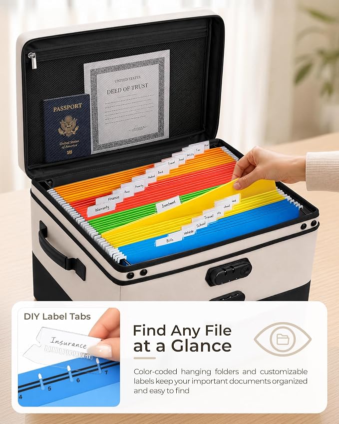 Black Fireproof Document Box with 2 Locks, 10 Hanging File Folders | Collapsible Filing Box for Next of Kin Document Safe, File Box with Hanging Folders Letter/Legal, Home Office Safe Storage