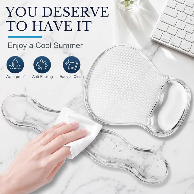 Keyboard Wrist Rest & Ergonomic Mouse Pad with Wrist Rest Set, Cute Transparent Gel Wrist Rest for Keyboard and Mouse, Soft Support for Pain Relief, Office, Gaming Desk Accessories（White）