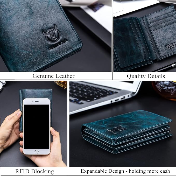 BULLCAPTAIN Large Capacity Genuine Leather Wallet for Men QB-027 | Bifold Wallet,RFID Blocking,Credit Card Holder,15 Card Slots,Special Expandable Design,gift choice