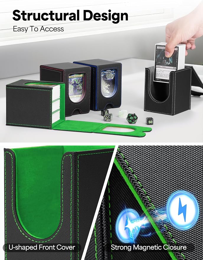 Card Deck Box for MTG Commander, Card Case Holds 100+ Double-Sleeved Cards, Magic Card Box Fits for TCG/PTCG/CCG Card with 2 Dividers (Black&Green)
