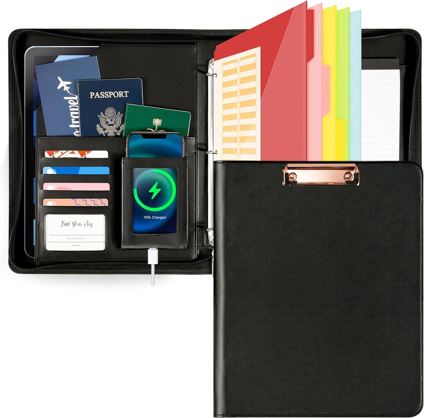 Leather Clipboard with Storage, Zippered Padfolio Portfolio Organizer, 3 Ring Binder 1 Inch, Notepad, Tablet Sleeve, 5 Dividers with Pocket, Stickets for Office, Nurses, Students, Teachers Black