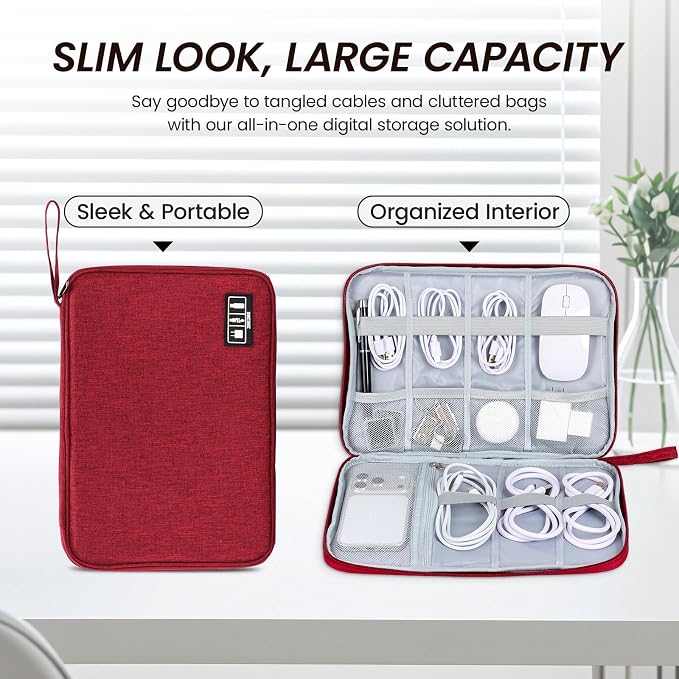 Electronic Organizer Travel Case, Slim Cable Accessories Pouch, Single Layer Tech Pouch & Cord Storage Bag for Chargers, Power Bank, SD Cards - Minimalist Travel Essentials