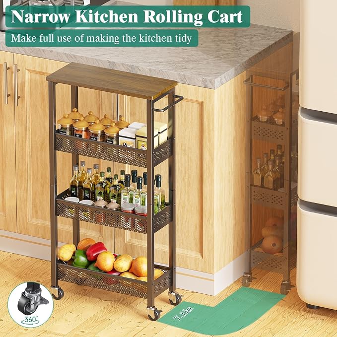 Slim Rolling Storage Cart 4 Tier Bathroom Organizer Mobile Shelving Unit Utility Cart with Wood Top and Handle for Kitchen Laundry Narrow Places, Black