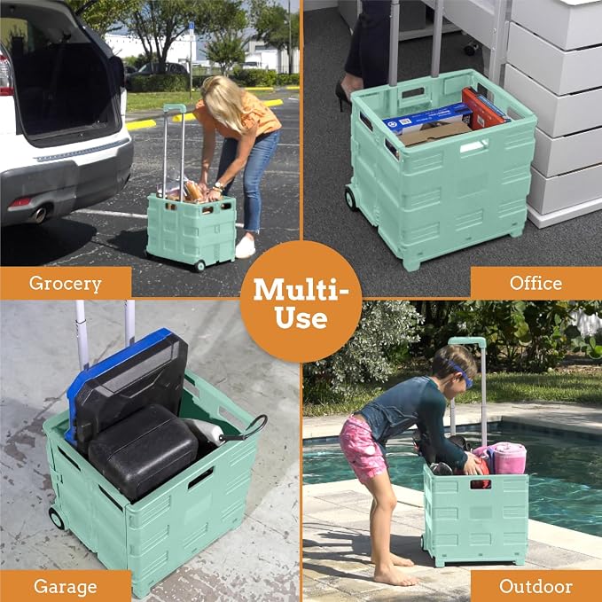 Ultra-Slim Rolling Collapsible Storage Pack-N-Roll Utility-carts, with Telescopic Handle, for Home, Garden, Shopping, Office, School use, Large, Mint