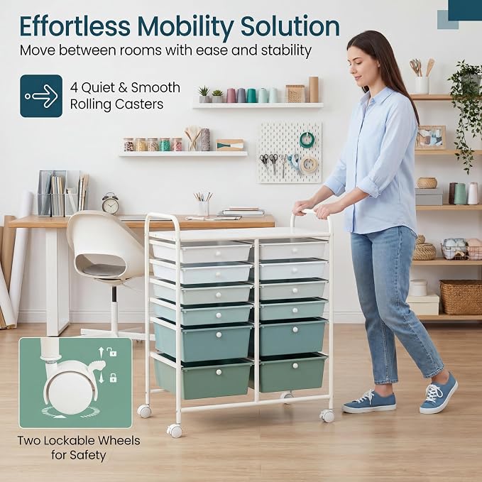 COSTWAY 12-Drawer Rolling Storage Cart, Moveable Art Craft Organizer | Lockable Wheels, Metal Shelf, Files Arrangement Tools Makeup Storage Cart for Office, Home, School (Green Gradient)