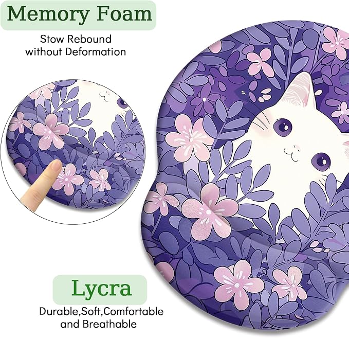 LIMKRIAN Purple Mouse Pad with Gel Wrist Rest, Cat Ergonomic Mouse Pad | Non-Slip PU Base, Smooth Surface, Comfort Wrist Support, Pain Relief, Cute Kawaii Purple Office Supplies Desk Accessories