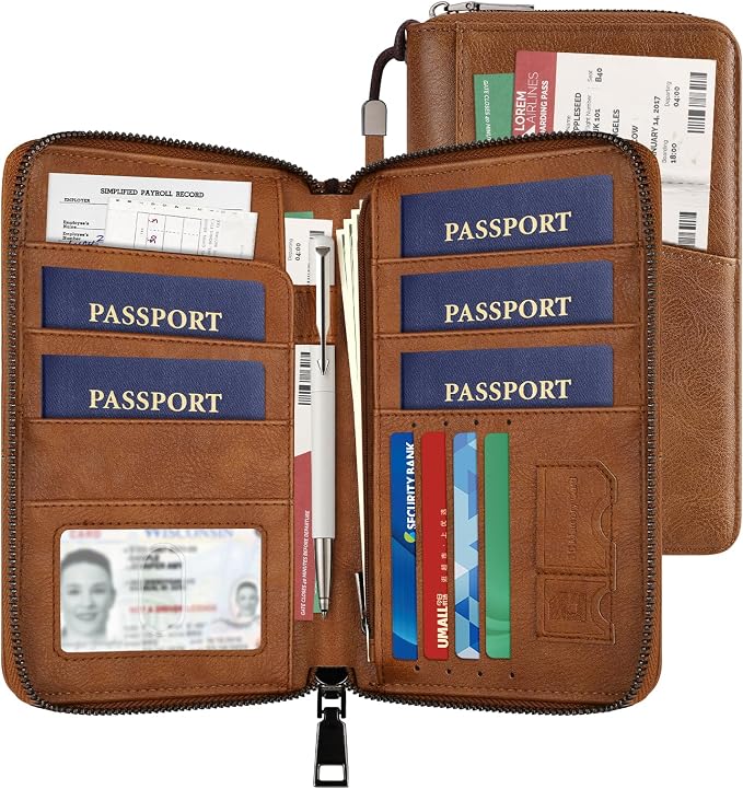 Likesing Family Passport Holder for 5, RFID Multiple Passport Holder-Brown | Leather RFID Blocking Travel Passport Wallet with Zipper, Travel Document Organizer with Wrist Strap Card Slots for Women Men