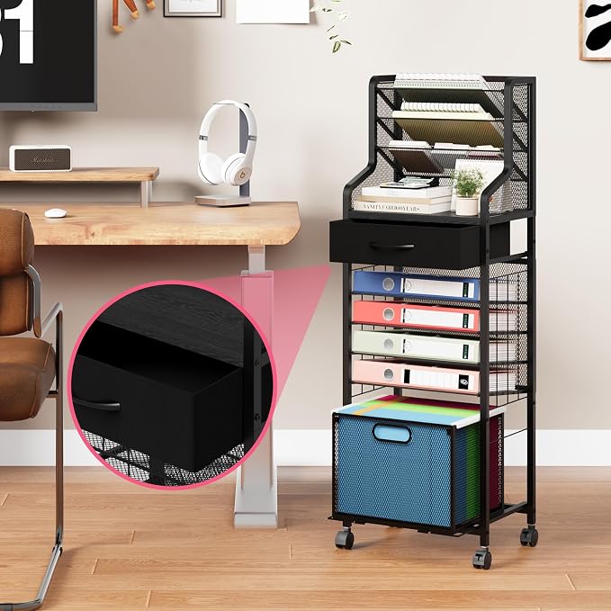 SWTYMIKI 10-Tier Rolling File Cart - Mesh Paper Organizer with Drawer and Hanging File Folders on Lockable Wheels, Rolling File Cabinet for Office Organization, Storage in Home, Studio, School, Black