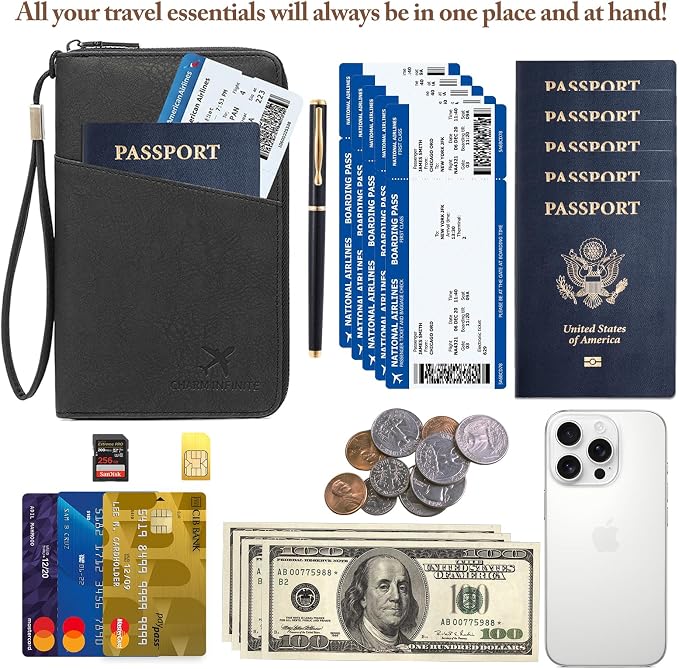 Family Passport Holder for Travel Women and Men RFID Blocking Passport Holder with Zipper Multi-functional Passport Wallet Passport Case Passport cover Travel Essentials
