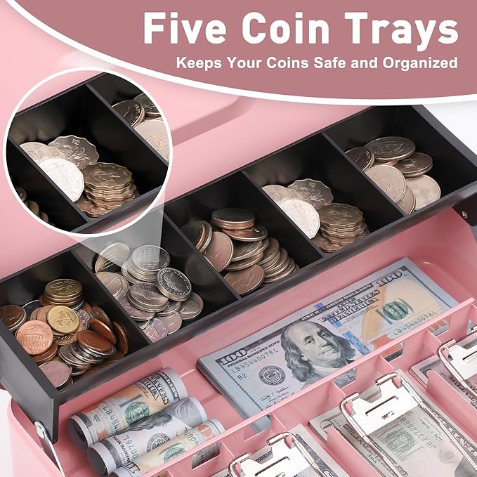 KYODOLED Large Cash Box with Combination Lock, Money Box with Cash Tray, Lock Safe Box with Key, Money Saving Organizer, 11.81Lx 9.45Wx 3.54H Inches, Pink XL Large