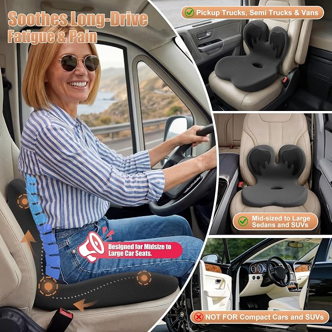 Thick Car Seat Cushion with Lumbar Support for Long Driving RV, Ergonomic Memory Foam Office Chair Cushion for Sciatica, Tailbone & Lower Back Relief, Ideal Gift for Drivers & Office Workers (Black)