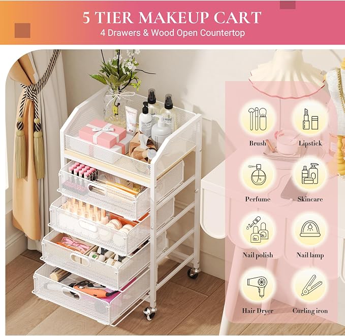 Goovilla Rolling Makeup Organizer Cart with Drawers, 5 Tier Metal, White | Floor Skincare Vanity Organizers with Lockable Wheels, Make Up Storage Cart for Cosmetics Display, Nail Polish, Perfume