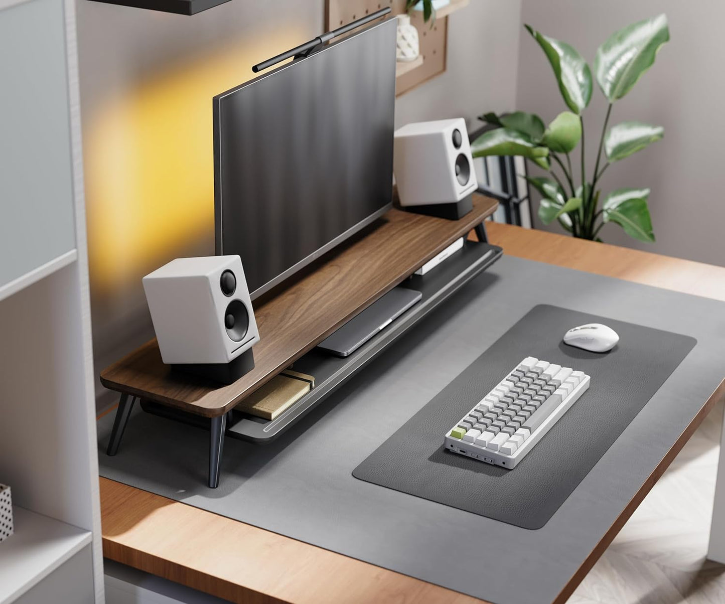 Fenge Dual Monitor Stand, Monitor Stands Riser for 2 monitors, 42.5 Inch Wood Desk Shelf with Storage Organizer and Cable Management for Office Desk Accessories