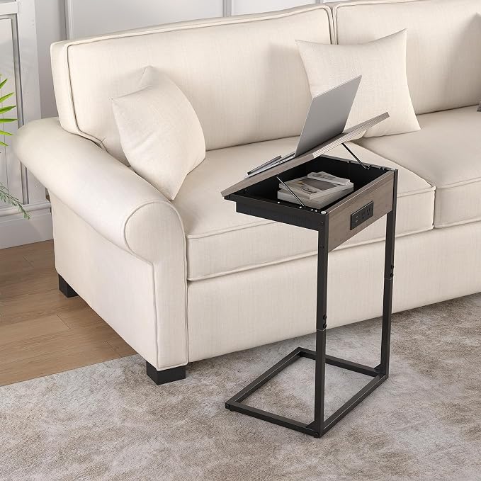 sthmec C Shaped End Table with Charging Station,45° Tiltable Adjustable Flip Top Side Table Set of 2,Small C Table Set 2 for Small Spaces,Slide Under Couch Sofa Bedside Table Living Room,Grey