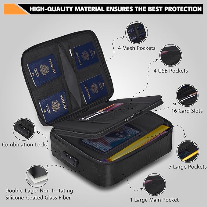 Fireproof Document Bag with Lock - 5200°F Heat Resistant & Waterproof Document Bag with 3 Layers, Portable Fire Proof File Box for Documents, Laptop, Passports & Certificates - Home & Travel (Black)
