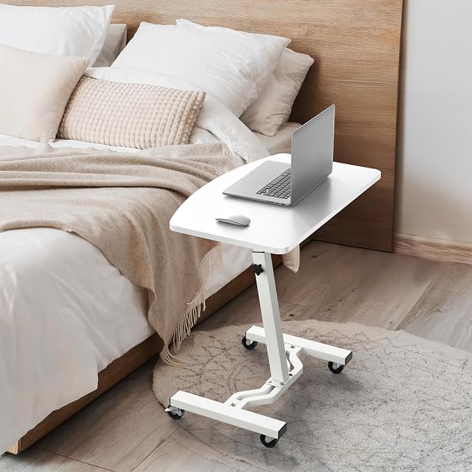SHW Mobile Height Adjustable Laptop Rolling Cart w/Lockable Wheels, White | Height Adjustable from 28" to 33"