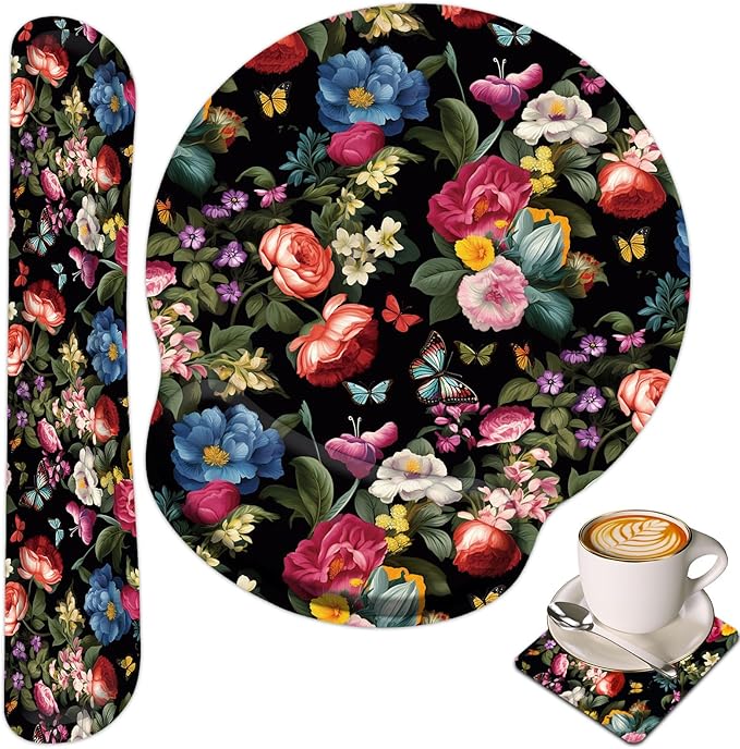 Keyboard Wrist Rest and Mouse Wrist Rest Pad with Cup Coaster,Made of Memory Foam,Ergonomic Support,Easy-Typing and Pain Relief,for Gaming Office Home Computer,Butterfly Flower