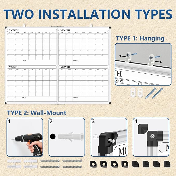 XBoard Magnetic Calendar Whiteboard 48x36 inch, 4 Month Dry Erase Board Planner with Silver Aluminium Frame, Foldable White Board Calendar for Home School Office Organization