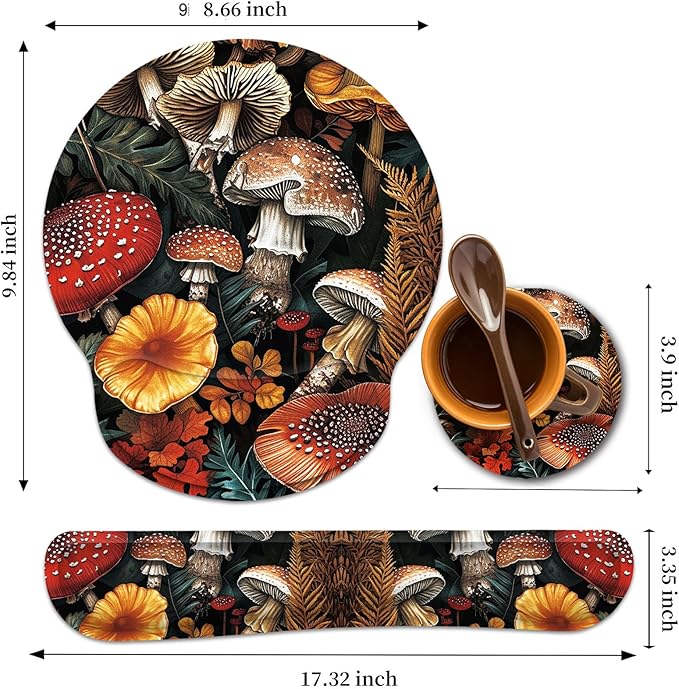 Keyboard Wrist Rest and Mouse Wrist Rest Pad with Cup Coaster,Made of Memory Foam,Ergonomic Support,Easy-Typing and Pain Relief,for Gaming Office Home Computer,Cute Forest Mushroom