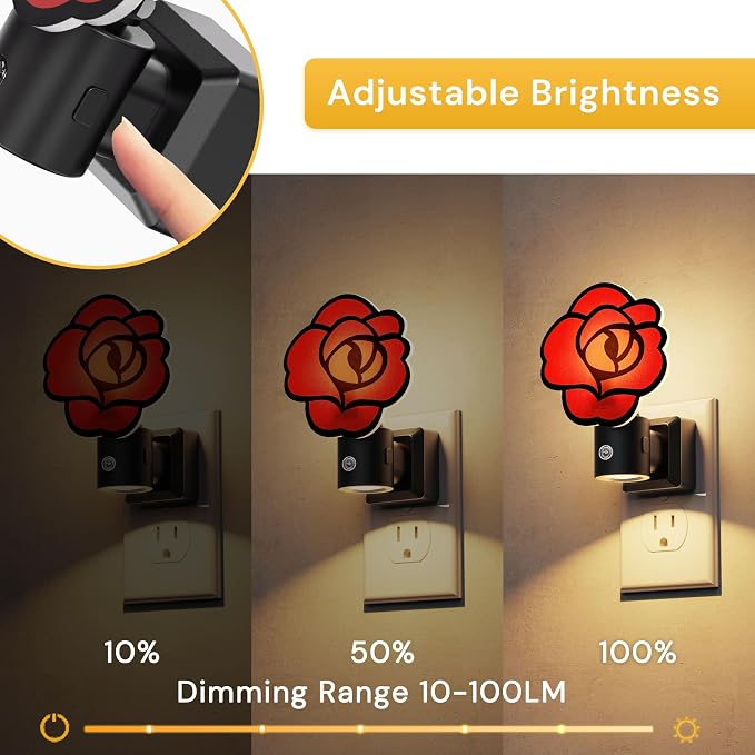 L LOHAS LED Red Rose Night Lights Plug into Wall, Gothic Rose LED Night Light with Dusk‑to‑Dawn Sensor, Adjustable Brightness, 350° Rotatable Plug in Nightlight for Bedroom Hallway Bathroom (2 Pack)