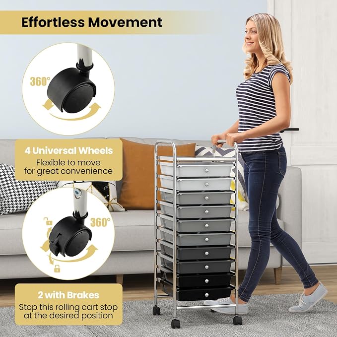 COSTWAY 10-Drawer Rolling Storage Cart, Utility Mobile Trolley | Removable Drawers & Universal Casters & 2 Brakes, Versatile Flexible Drawer Organizer Cart for Home, Office (Mixed Black)