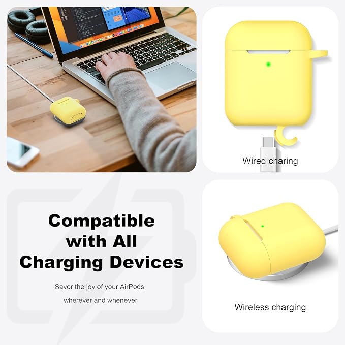 R-fun for AirPods 1/2 Case, Soft Silicone Protective Cover with Keychain and Cleaning Pen, Compatible with AirPods 2nd/1st Generation (2016/2019), Full Drop Protection Cover, Yellow