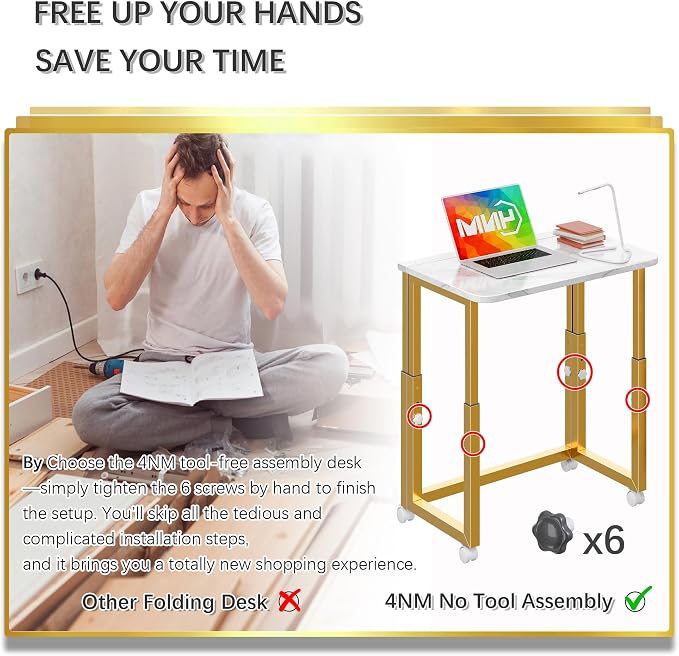 4NM No Tool Assembly 23.6" Small Desk, Folding Portable Desk with Wheels, Adjustable Height Foldable Computer Home Office Desks, Collapsible Study Writing Table for Space Saving Bedroom - White Gold
