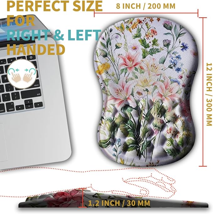 Hokafenle Ergonomic Mouse Pad Wrist Support with Massage Design, Wrist Rest Pain Relief Mousepad with Memory Foam&Non-Slip PU Base, Mouse Pads for Wireless Mouse & Desk (12x8 inch,Colorful Flowers)