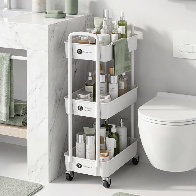 Laiensia 3-Tier Rolling Cart with Wheels,Multifunction Utility Storage Carts, Kitchen Storage Organizer,Mobile Shelving Unit for Bathroom,Laundry,with Classified Stickers,White
