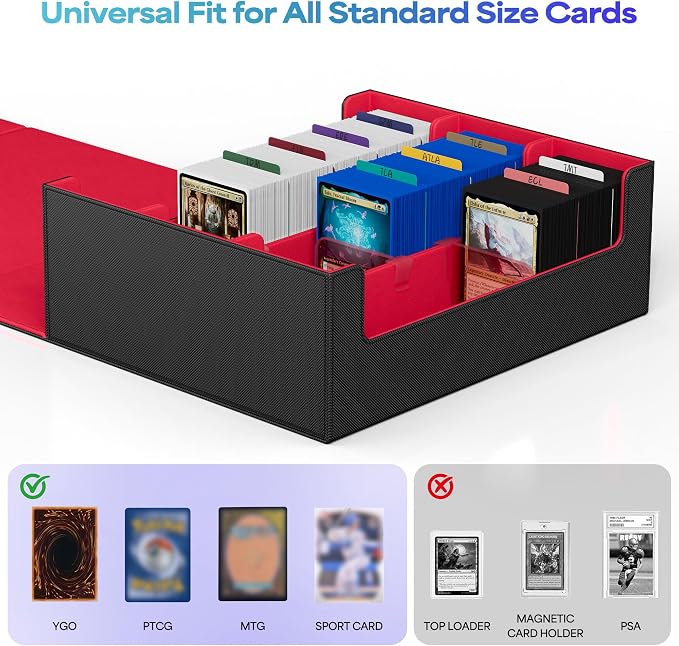 UAONO Trading Card Storage Box, Holds 1800 Sleeved Cards with 10 Dividers & 3 Stoppers, Magnetic Closure PU Leather Card Case for MTG, PTCG, YGO, Sports Cards (Black&red)