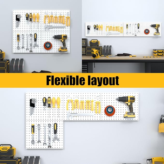 Spampur Peg Board, 4 Pack Metal Pegboard Panels with 50 Hooks | White Pegboards Wall Organizer, Heavy Duty Peg Board for Garage Tool Storage, Desk Office Organization, Craft Room, Kitchen