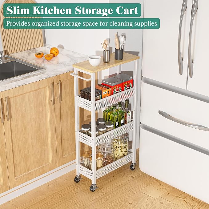 Slim Rolling Storage Cart 4 Tier Bathroom Organizer Mobile Shelving Unit Utility Cart with Wood Top and Handle for Kitchen Laundry Narrow Places, White